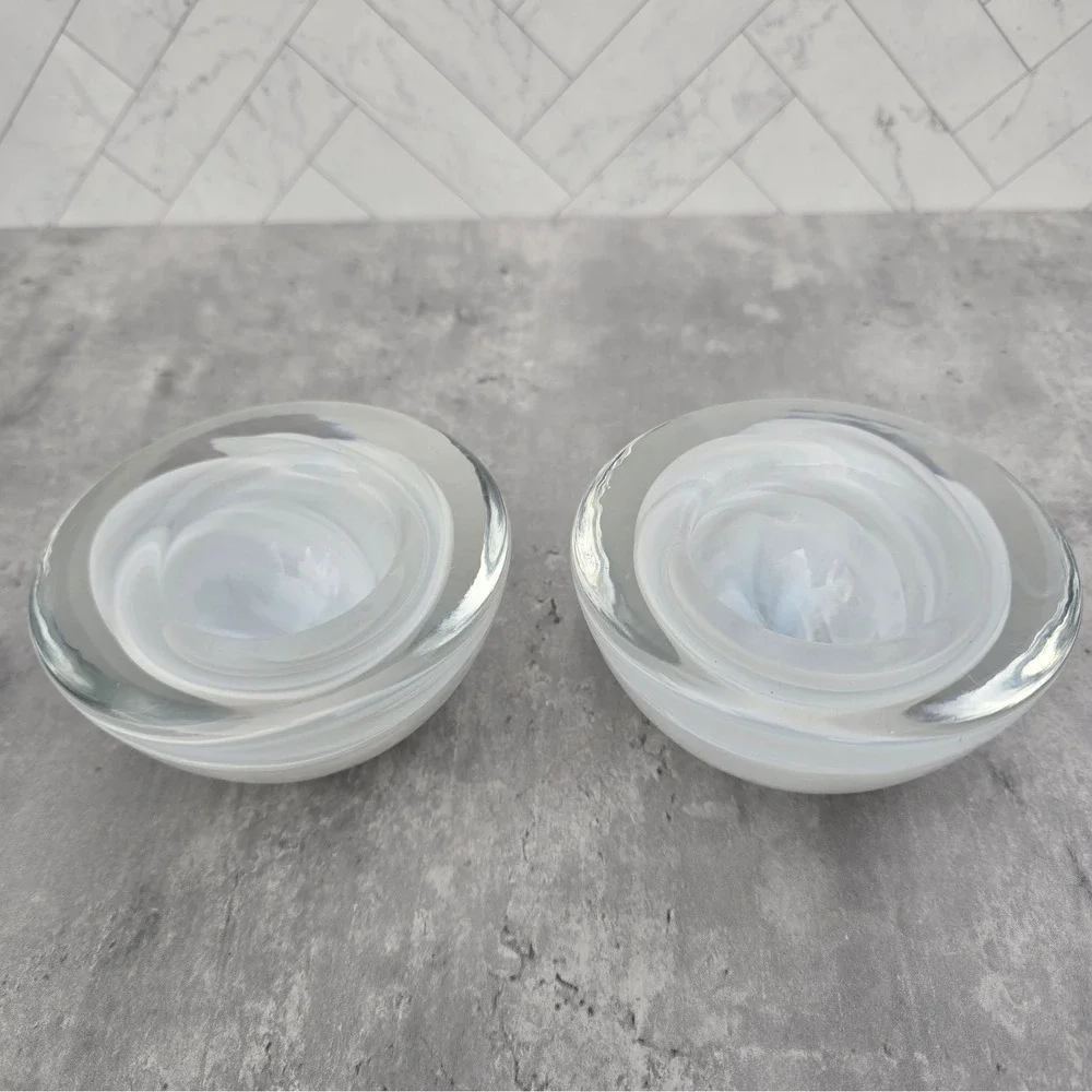 Heavy Art Glass Votive Candle Holders Set of 2 White Swirl Hurricane Design